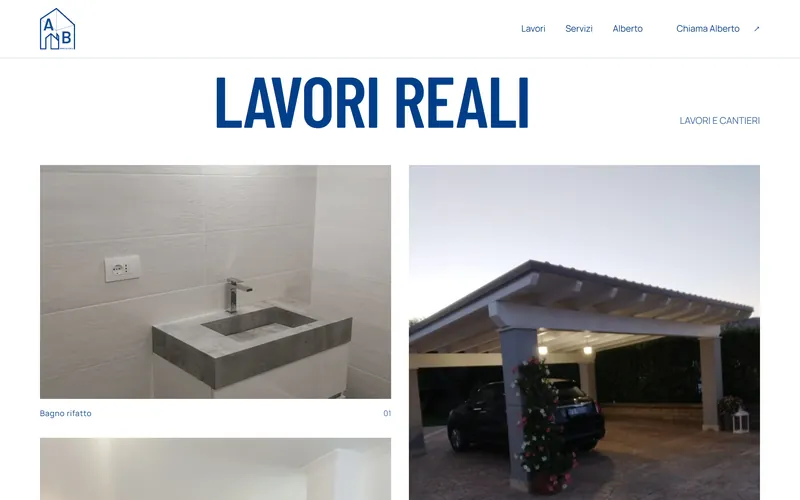 La sezione «Lavori reali» del sito di Alberto Biscetti: un bagno rifatto e una pergola sopra un posto auto.