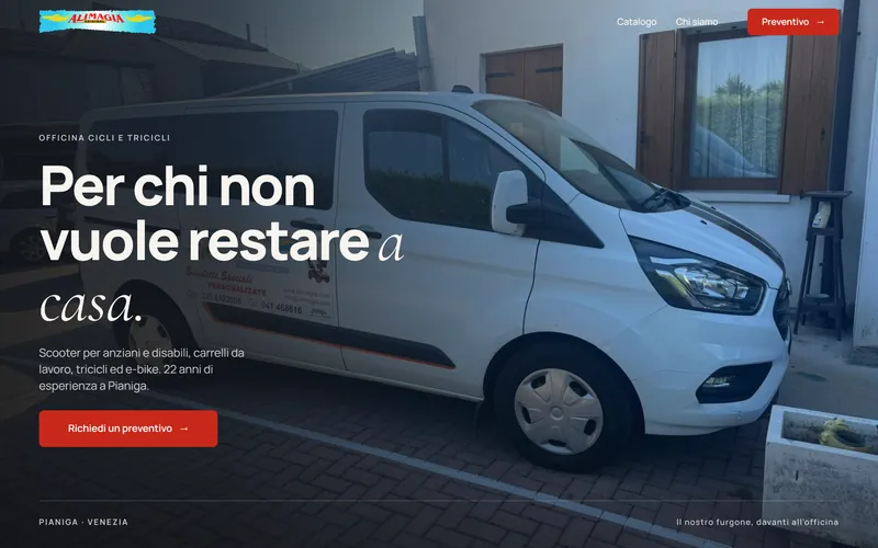 La prima schermata del sito di Alimagia: «Per chi non vuole restare a casa.» sopra la fotografia del furgone dell’officina.