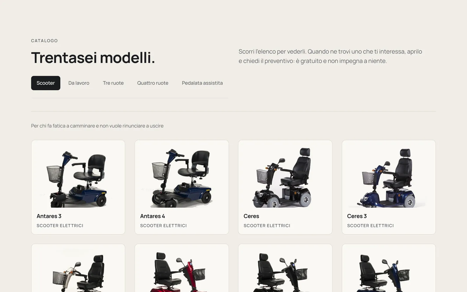 Il catalogo: «Trentasei modelli.», i filtri per scooter, da lavoro, tre ruote, quattro ruote e pedalata assistita, e le schede degli scooter elettrici con fotografia e nome.