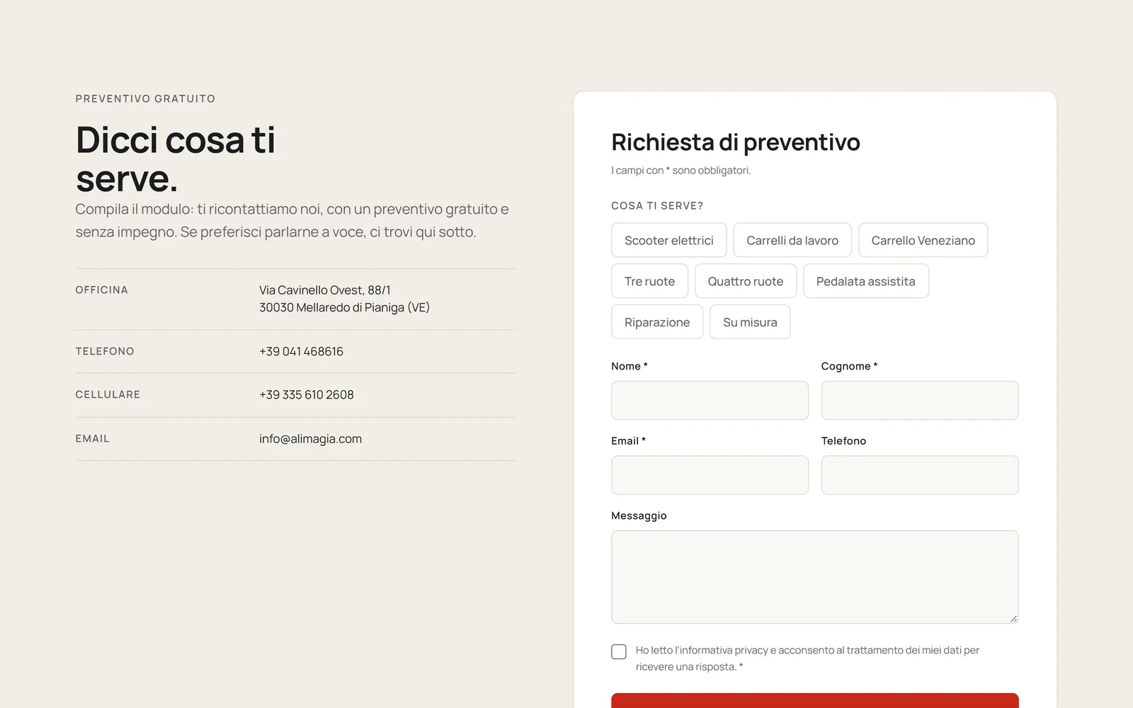 La richiesta di preventivo del sito di Alimagia: a sinistra «Dicci cosa ti serve.» e i recapiti dell’officina, a destra il modulo con le scelte di cosa serve e i campi per nome e contatti.