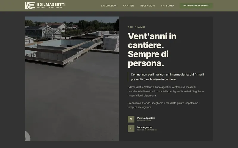 La sezione «Vent’anni in cantiere» del sito di EdilMassetti, con la fotografia di un massetto appena steso.