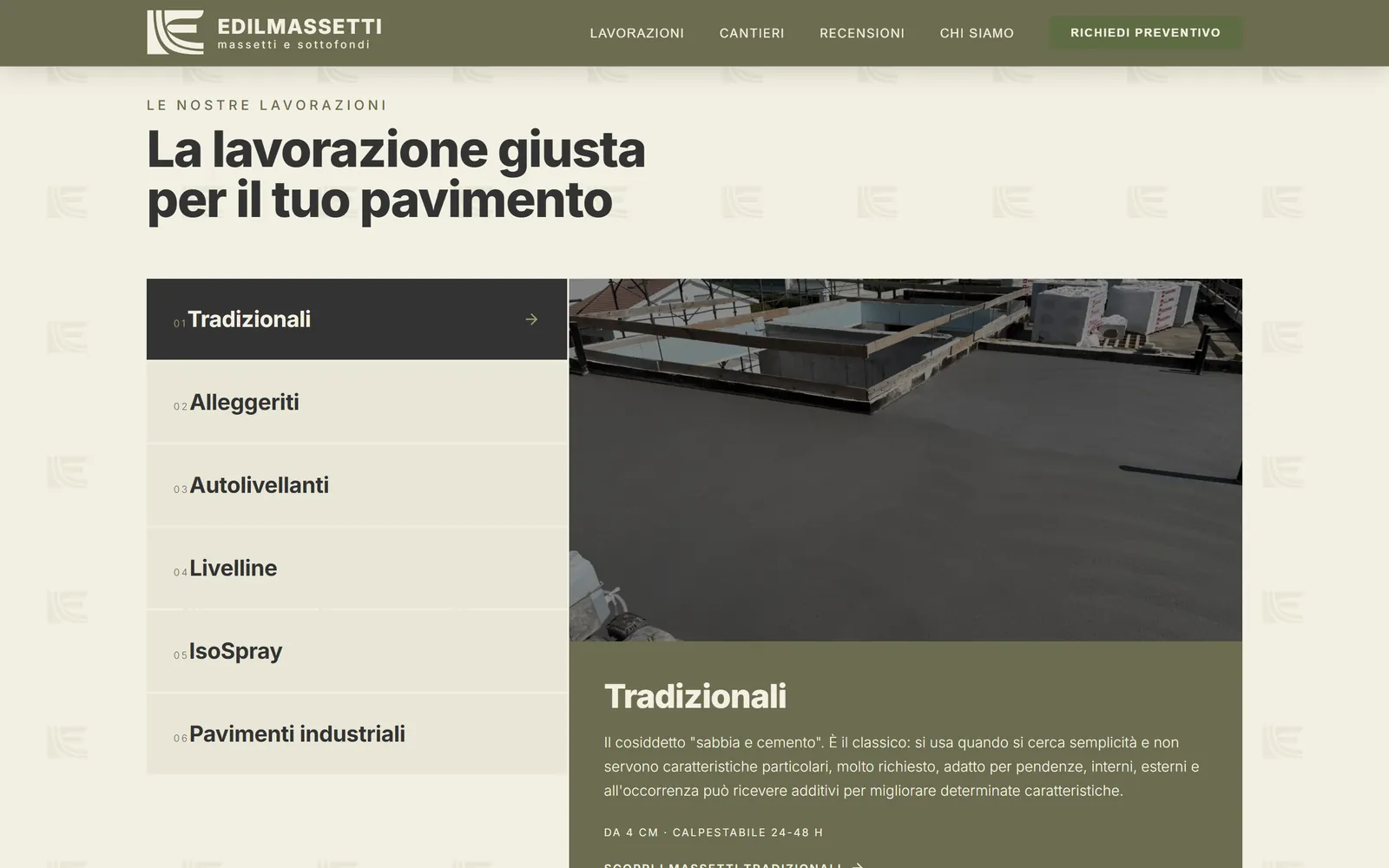 La sezione delle lavorazioni del sito di EdilMassetti: l’elenco numerato a sinistra e, a destra, la scheda dei massetti tradizionali con la fotografia, lo spessore minimo e i tempi per camminarci sopra.