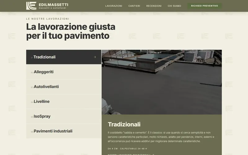La sezione delle lavorazioni del sito di EdilMassetti: l’elenco a sinistra e la scheda dei massetti tradizionali, con spessore e tempi.